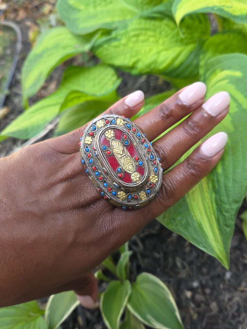 Vintage Turkmen Double Finger Ring Central Asian Tribal Silver Turquoise Coral - Picture 3 of 13